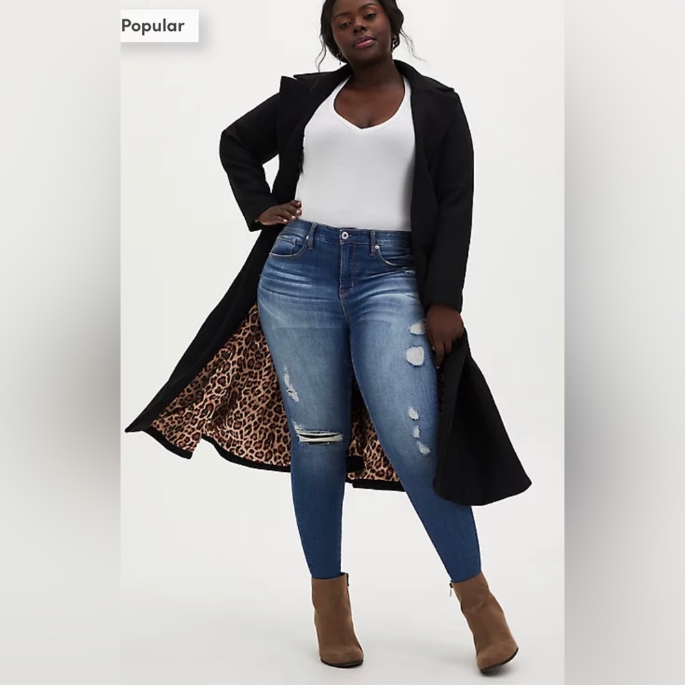 TORRID Black stretch woven self tie longline fit & flare coat